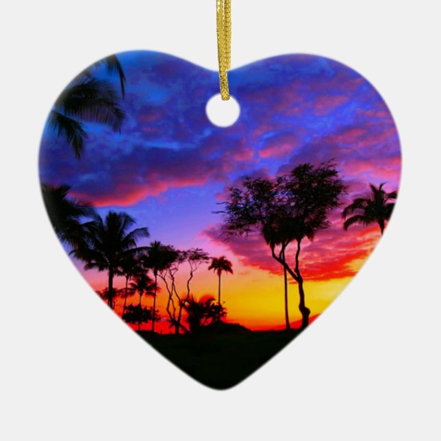 Adorno De Cerámica Blue Red Sunset Exotic Hawaiian Beach Palm Trees (Frente)