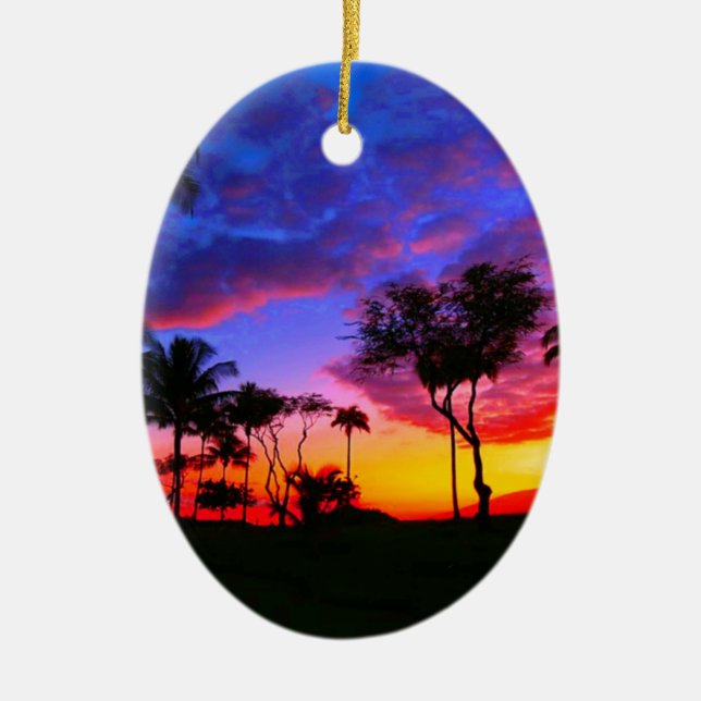 Adorno De Cerámica Blue Red Sunset Exotic Hawaiian Beach Palm Trees (Frente)