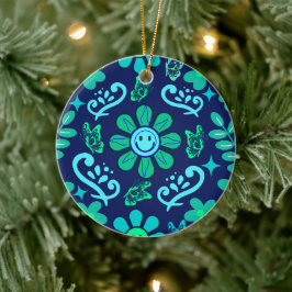 Adorno De Cerámica Blue Retro Style Floral and Sun Symbol Pattern