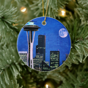 Adorno De Cerámica Blue Seattle Skyline Feliz Navidad