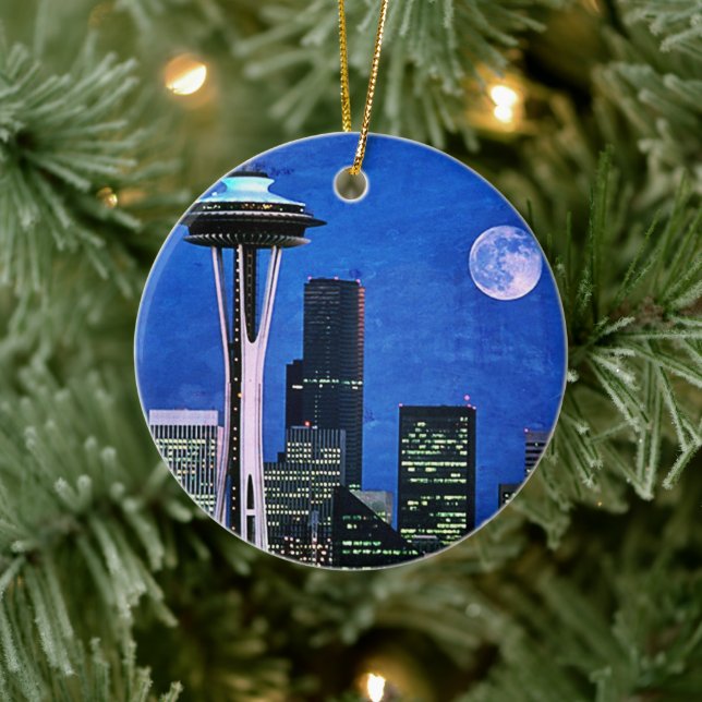 Adorno De Cerámica Blue Seattle Skyline Feliz Navidad (Árbol)