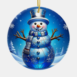 Adorno De Cerámica Blue Snowman Snowflakes Holiday Ornament