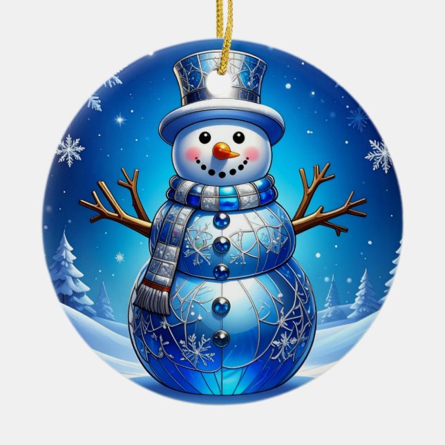 Adorno De Cerámica Blue Snowman Snowflakes Holiday Ornament (Frente)