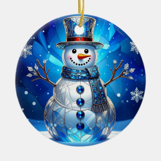 Adorno De Cerámica Blue Snowman Snowflakes Holiday Ornament (Frente)