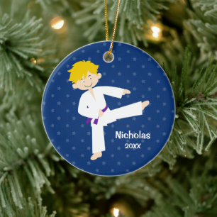 Adorno De Cerámica Blue Stars Purple Belt Taekwondo Boy personalizado