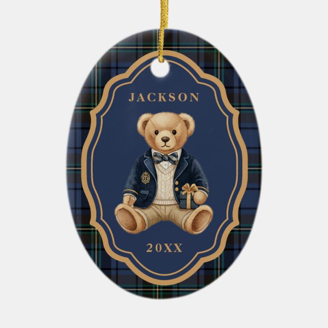 Adorno De Cerámica Blue Tartan Plaid | Christmas Teddy Bear (Frente)