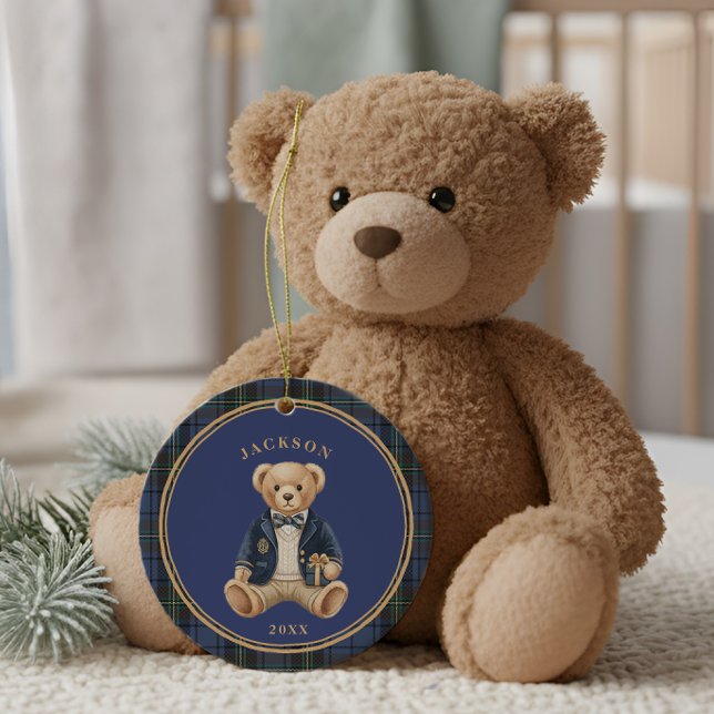 Adorno De Cerámica Blue Tartan Plaid | Christmas Teddy Bear (Subido por el creador)