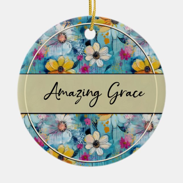 Adorno De Cerámica Blue Watercolor Flowers Amazing Grace (Frente)
