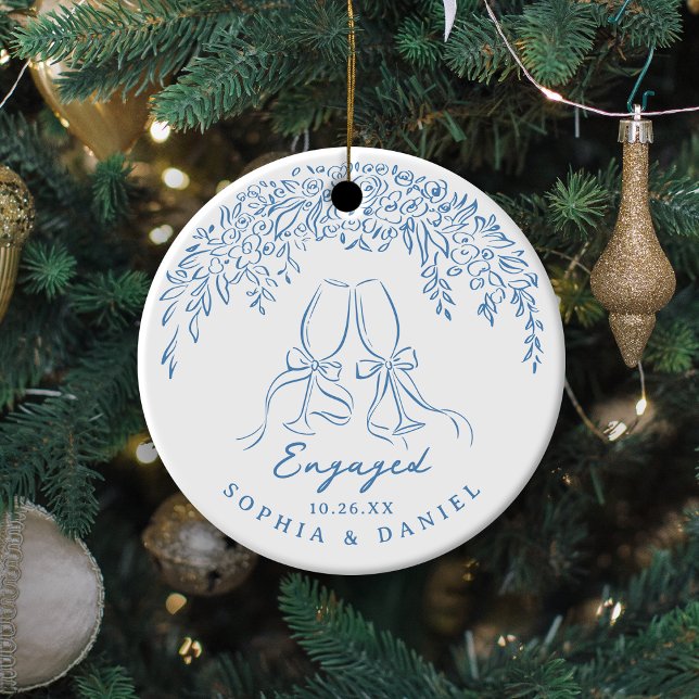 Adorno De Cerámica Blue Whimsical Cheers Our First Christmas Engaged (Blue Whimsical Cheers Our First Christmas Engaged Ceramic Ornament)