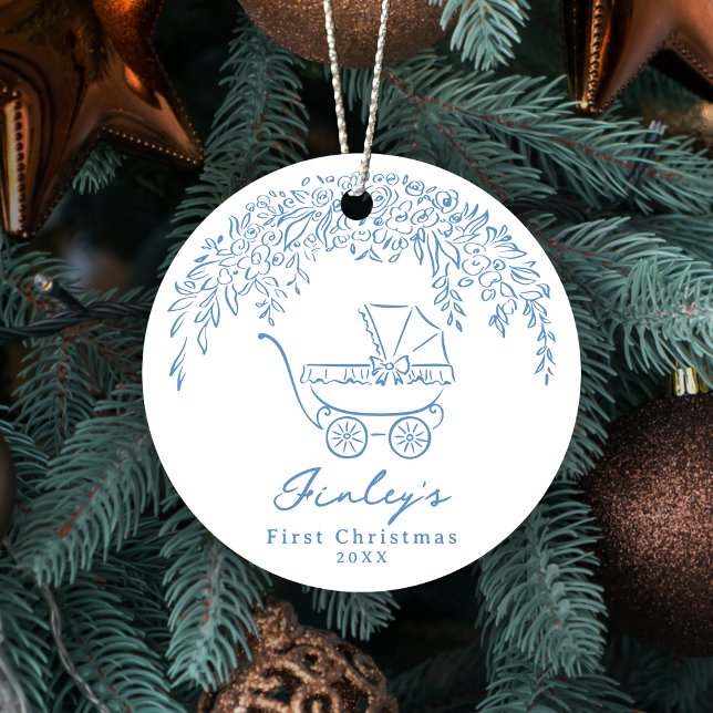 Adorno De Cerámica Blue Whimsical Stroller Baby's First Christmas (Blue Whimsical Stroller Baby's First Christmas Ceramic Ornament)