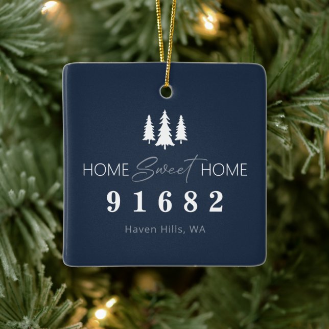 Adorno De Cerámica Blue White Home Sweet Home Photo Zip Code (Árbol)
