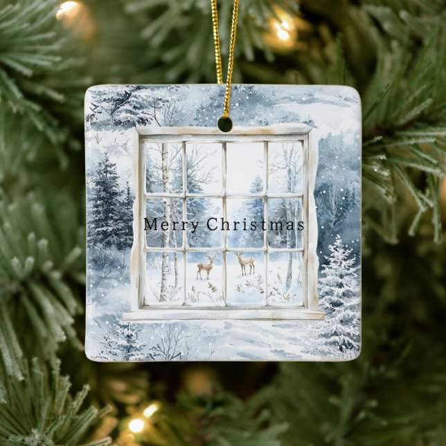 Adorno De Cerámica Blue White Snowflakes Deer Window Christmas (Árbol)