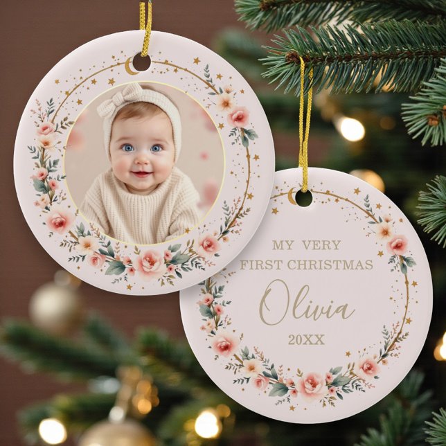 Adorno De Cerámica Blush Pink Celestial Baby First Christmas Photo (Subido por el creador)