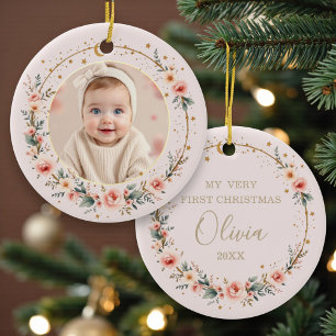 Adorno De Cerámica Blush Pink Celestial Primer Navidad Foto de Bebé