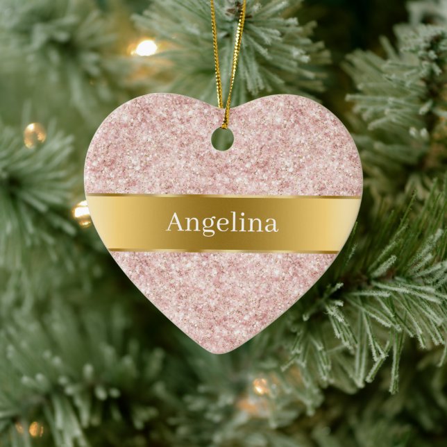 Adorno De Cerámica Blush Pink Glitter Sparkle Gold Ribbon Christmas (Árbol)