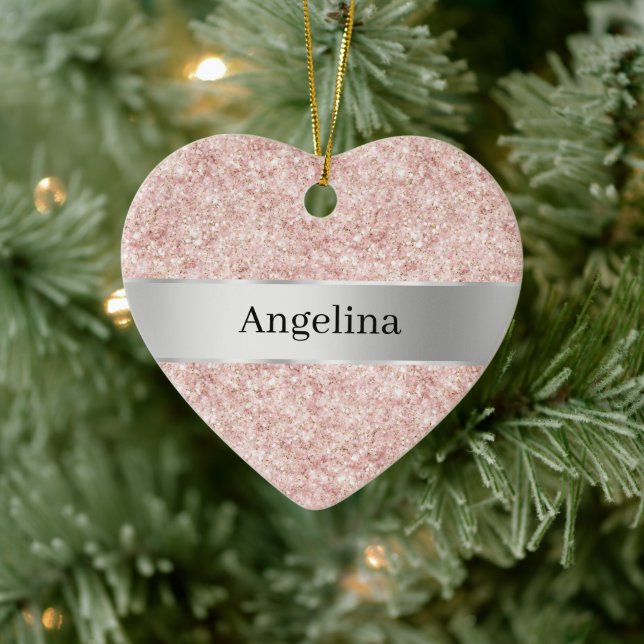 Adorno De Cerámica Blush Pink Glitter Sparkle Silver Ribbon Christmas (Árbol)