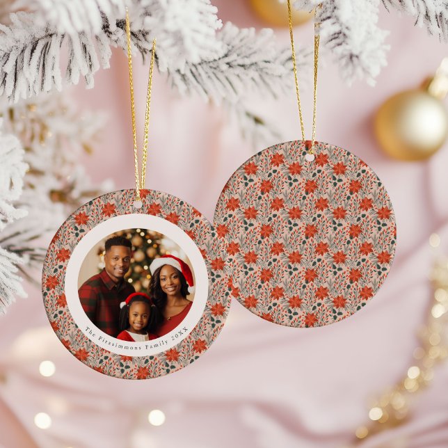 Adorno De Cerámica Blush Pink Poinsettia 1 Family Photo Christmas (Poinsettia Season 1 Sided Photo Christmas Ornament blush pink)