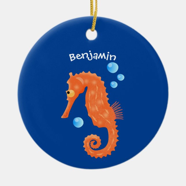 Adorno De Cerámica Bóbulas de caballito de mar naranja personalizado  (Frente)