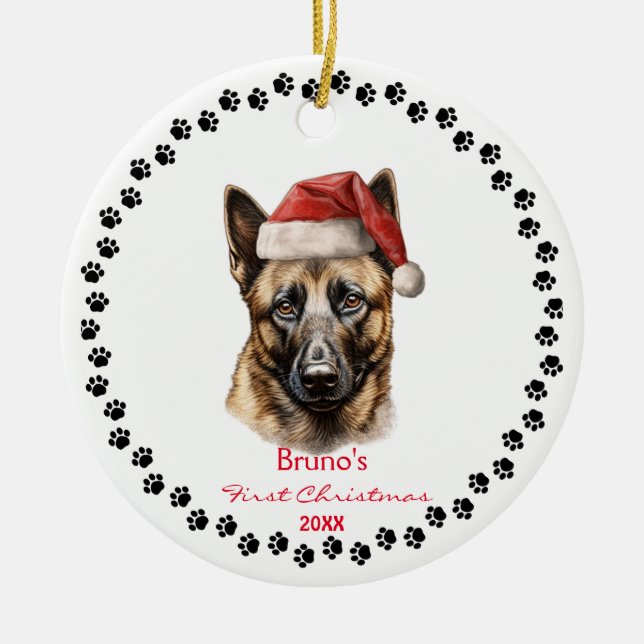 Adorno De Cerámica Boca belga Perro Santa Hat Paw Arte (Frente)