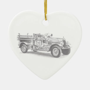 Adorno De Cerámica boceto de lápiz de camión de bomberos antiguo dibu