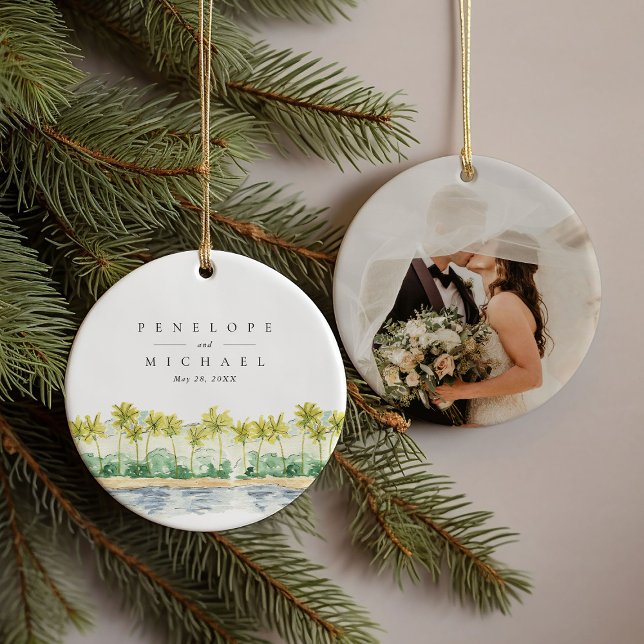 Adorno De Cerámica Boda acuático tropical de palmeras de playa (Beach Palm Trees Tropical Watercolor Wedding Photo Ceramic Ornament)