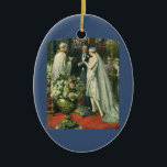 Adorno De Cerámica Boda de cosecha, novia y novio con Menorah<br><div class="desc">Imagen de la ceremonia del amor al ilustracion vintage y boda romántico que presenta a una pareja casada en una hermosa sinagoga con vidrieras,  flores y una menorah de siete ramas. La novia lleva un vestido largo y blanco boda y el novio es guapo en su esmoquin.</div>
