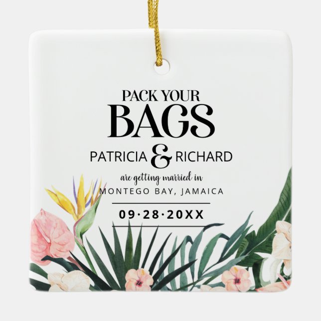 Adorno De Cerámica Boda De Destino Tropical Guardar La Fecha (Anverso)