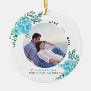 Adorno De Cerámica Boda de flores azules Aqua Save the Date
