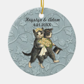 Adorno De Cerámica Boda de gatos posados azul