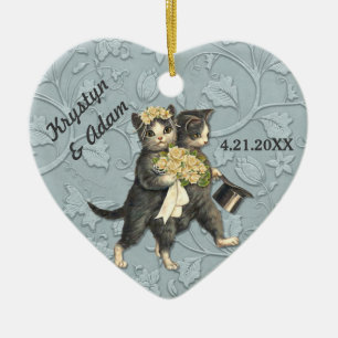 Adorno De Cerámica Boda de gatos posados azul