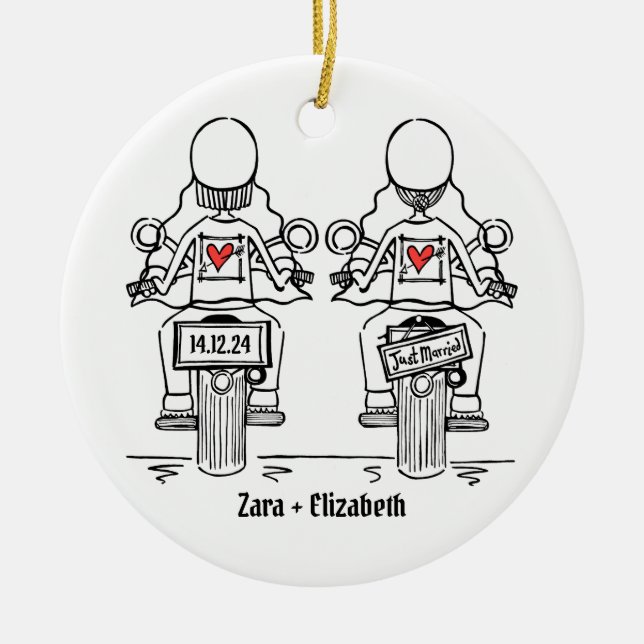 Adorno De Cerámica Boda de motocicleta de dos novias (Frente)