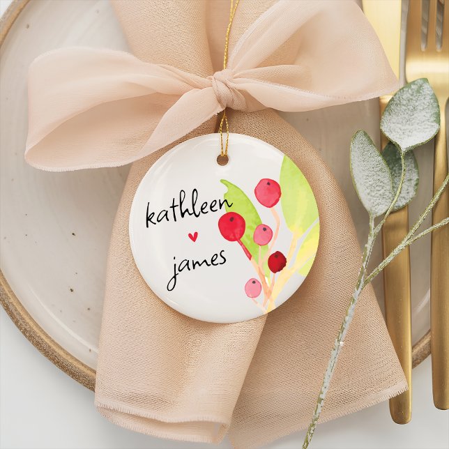 Adorno De Cerámica Boda de nombres de vegetación festiva (Festive Christmas Watercolor Red and Green Greenery Whimsical Names Wedding Ceramic Ornament)