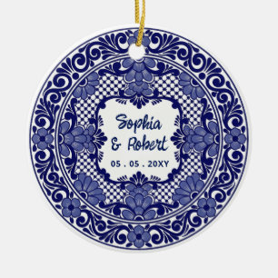 Adorno De Cerámica Boda de Talavera Azul Mexicana