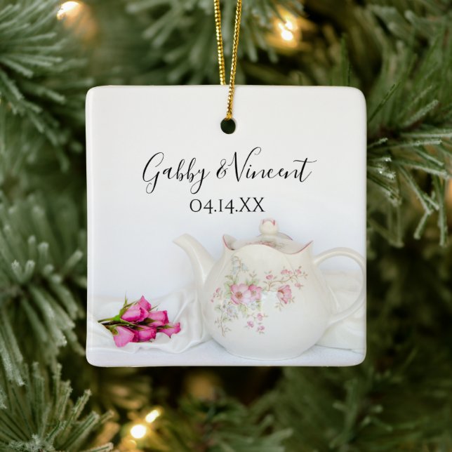 Adorno De Cerámica Boda de tetera y rosa (Árbol)