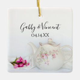 Adorno De Cerámica Boda de tetera y rosa