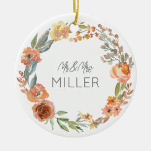 Adorno De Cerámica Boda Fecha Mr&Mrs Couple Name Fall Floral Art