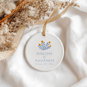 Adorno De Cerámica Boda Personalizada Floral Folk Azul Marigold
