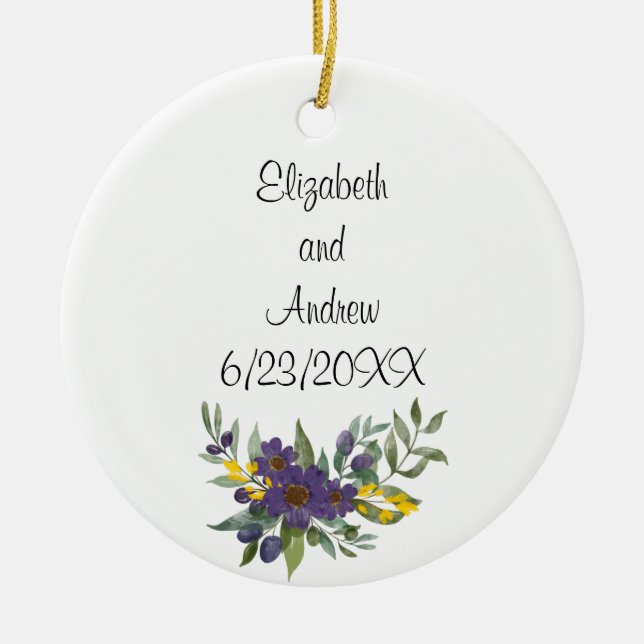 Adorno De Cerámica Boda personalizado Fecha morado amarillo floral (Frente)