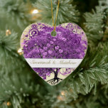 Adorno De Cerámica Boda radiante púrpura romántico de hoja cardíaca<br><div class="desc">Primer Navidad Radiante Boda de árbol de hojas de corazón de orquídeas tu foto</div>
