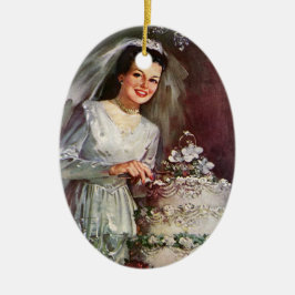 Adorno De Cerámica Boda Vintage, Novia Cortando la Torta de Boda