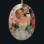 Adorno De Cerámica Boda vintage, novia retro y recién casados<br><div class="desc">El amor al ilustracion vintage y el diseño romántico con una novia en el vestido de su boda y el novio en su esmoquin. La feliz pareja recién casada está rodeada de hermosas flores de jardín floridas rosas y blancas.</div>