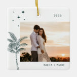 Adorno De Cerámica Bohemian Beach Palm Tree Photo Ceramic Ornament<br><div class="desc">Bohemian beach palm tree and stars,  holiday photo ornament in rustic emerald green.</div>