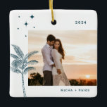 Adorno De Cerámica Bohemian Beach Palm Tree Photo Ceramic Ornament<br><div class="desc">Bohemian beach palm tree and stars,  holiday photo ornament in rustic teal green.</div>