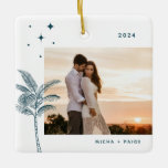 Adorno De Cerámica Bohemian Beach Palm Tree Photo Ceramic Ornament<br><div class="desc">Bohemian beach palm tree and stars,  holiday photo ornament in rustic teal green.</div>