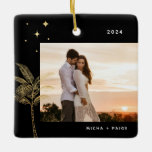 Adorno De Cerámica Bohemian Beach Palm Tree Photo Ceramic Ornament<br><div class="desc">Bohemian beach palm tree and stars,  holiday photo ornament in faux gold foil and black.</div>