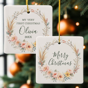 Adorno De Cerámica Boho Baby First Merry Christmas Wilflower