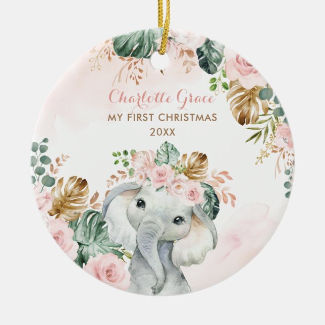 Adorno De Cerámica Boho Elephant Baby Primer Navidades Rubor Flor Ros (Frente)