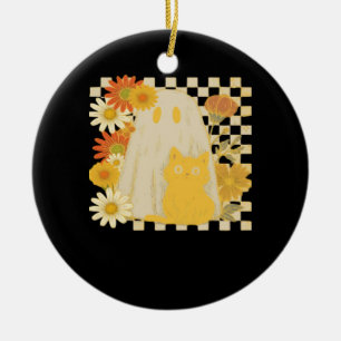 Adorno De Cerámica Boho Floral Otoño Fantasma y Gato Negro Halloween