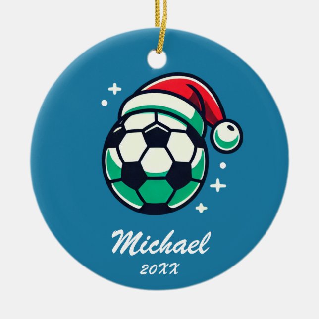 Adorno De Cerámica Bola de fútbol Navidad personalizada con Santa Hat (Frente)