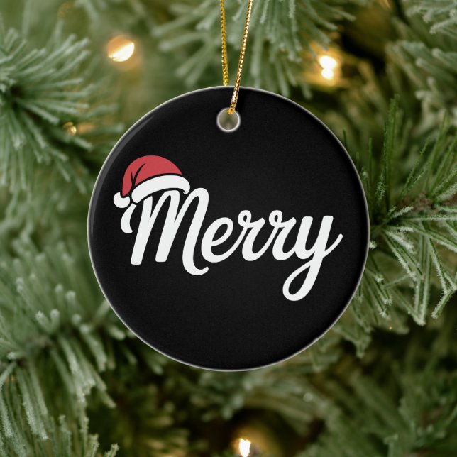 Adorno De Cerámica Bold Black Merry Christmas Santa Hat (Árbol)